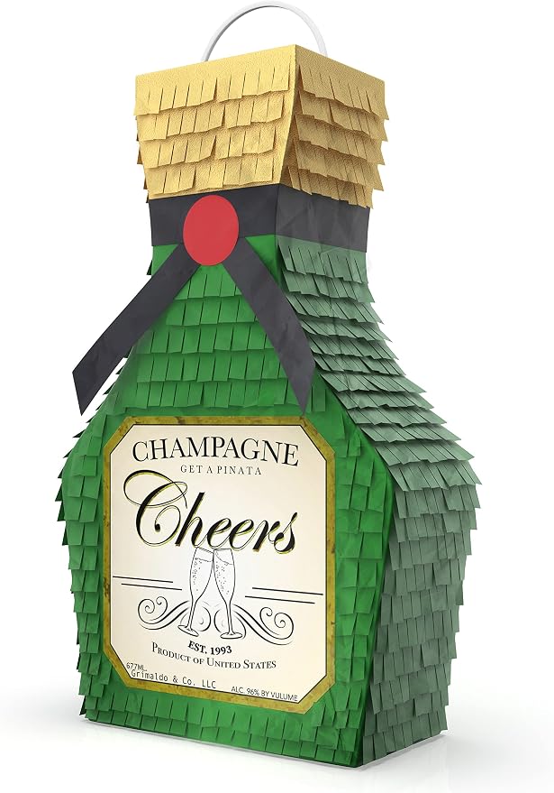 Jergrim Champagne Piñata with Stick, 17X11inches, Perfect for New Years 21st Birthday Decorations, Graduation, and Wedding Props. Fits party favor