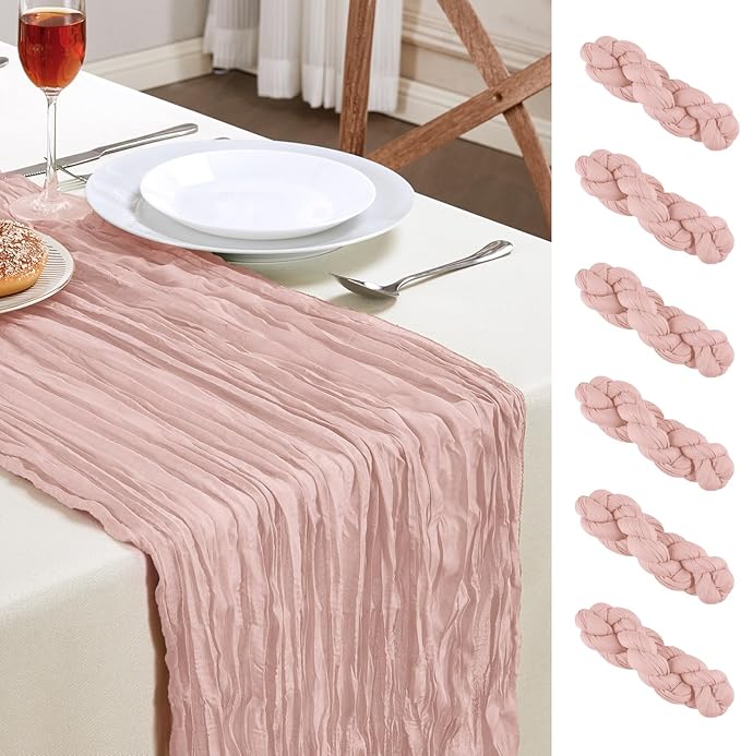 6 Pack Dusty Pink Mother’s Day Cheesecloth Table Runner 10FT Long Boho Gauze Table Runner Rustic Sheer Runner for Spring Wedding Bridal Baby Shower Birthday Holiday Party Table Decor Easter Decor