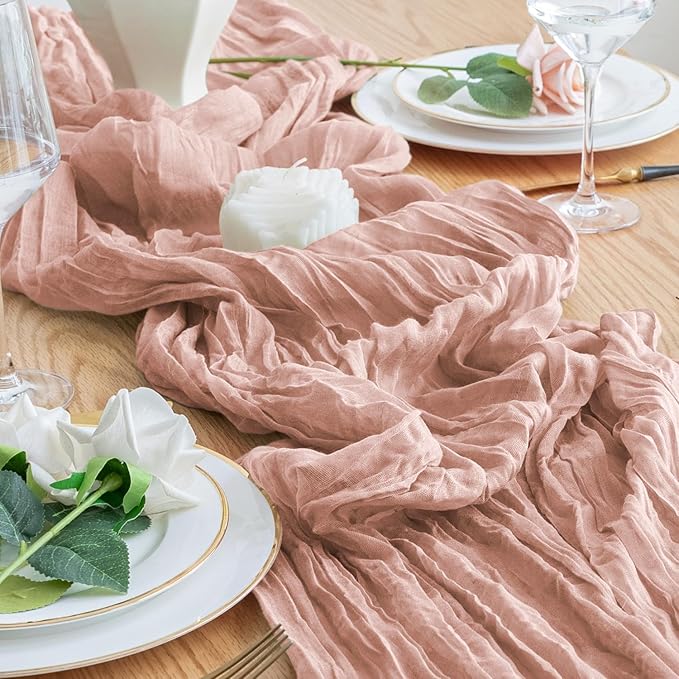 3PCS Table Runner Cheesecloth 10FT Dusty Pink Boho Gauze Cheese Cloth Rustic Sheer Table Runners for Summer Wedding Bridal Baby Shower Party Decoration