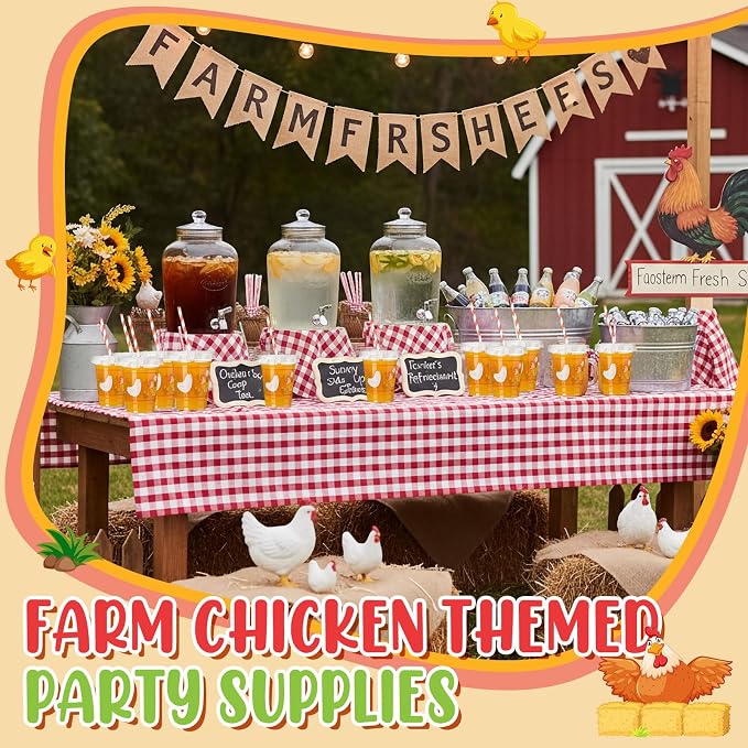FoldTier 50 Pcs 12 oz Chicken Party Cups Disposable Plastic Cup with Straw, Lid and Leakproof Paper Clear Farm Animal Flower Little Chick Birthday Party Baby Shower Cups Supplies Table Decorations