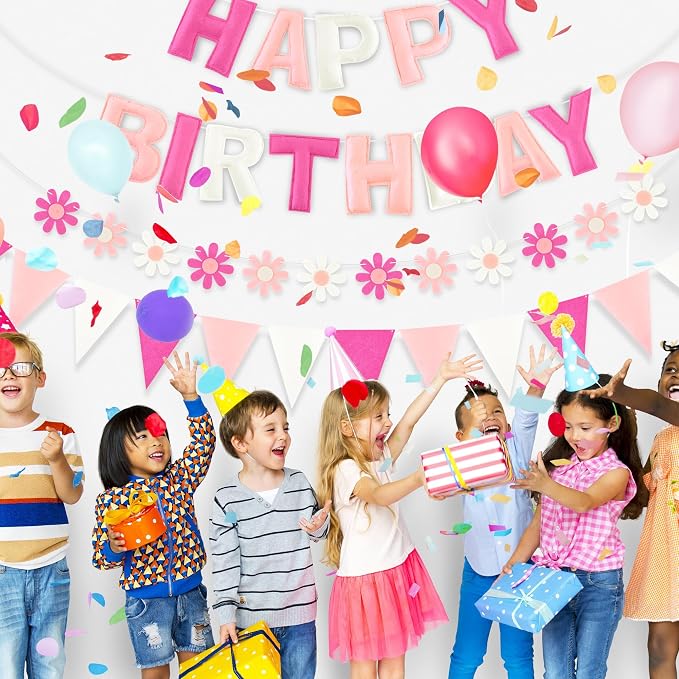 CANREVEL Pre-Strung 3D Happy Birthday Banner, 3 PCS Happy Birthday Felt Garland, Pom Pom Garland, Triangle Fabric Garland Bunting, Reusable Birthday Decorations for Women Men Girls Boys, Pink Flower