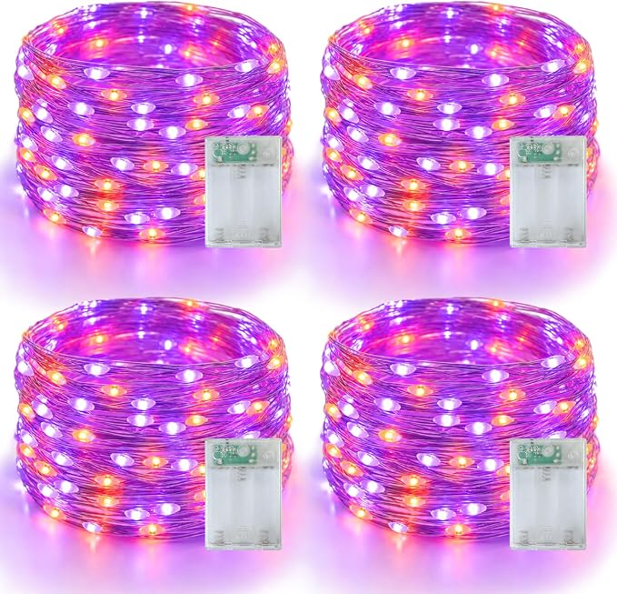 YEGUO Fairy Lights Battery Operated, 4 Packs Each 16ft 50 LED String Lights, 2 Modes Silver Wire Christmas Twinkle Light Indoor for Halloween Bedroom Wedding Party Holiday Gift(Orange and Purple)