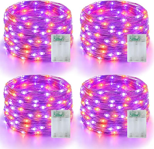 YEGUO Fairy Lights Battery Operated, 4 Packs Each 16ft 50 LED String Lights, 2 Modes Silver Wire Christmas Twinkle Light Indoor for Halloween Bedroom Wedding Party Holiday Gift(Orange and Purple)