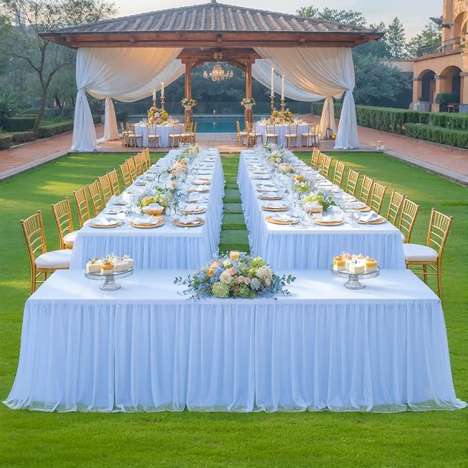 6ft Baby Blue Tulle Tablecloths for Rectangle Tables Light Blue Table Cloths Rectangle Wrinkle Free Stretch 6 Foot Table Cover with Tutu Skirt for Baby Shower Boy Birthday Party Banquet Buffet Cake