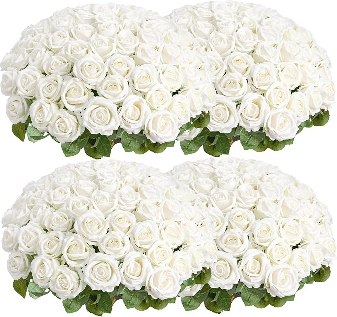 Auihiay 104pcs Roses Artificial Flower - Realistic White Fake Roses for Wedding Centerpieces, Table Decor, Valentine's Day, Mother's Day, and Home Party Decorations