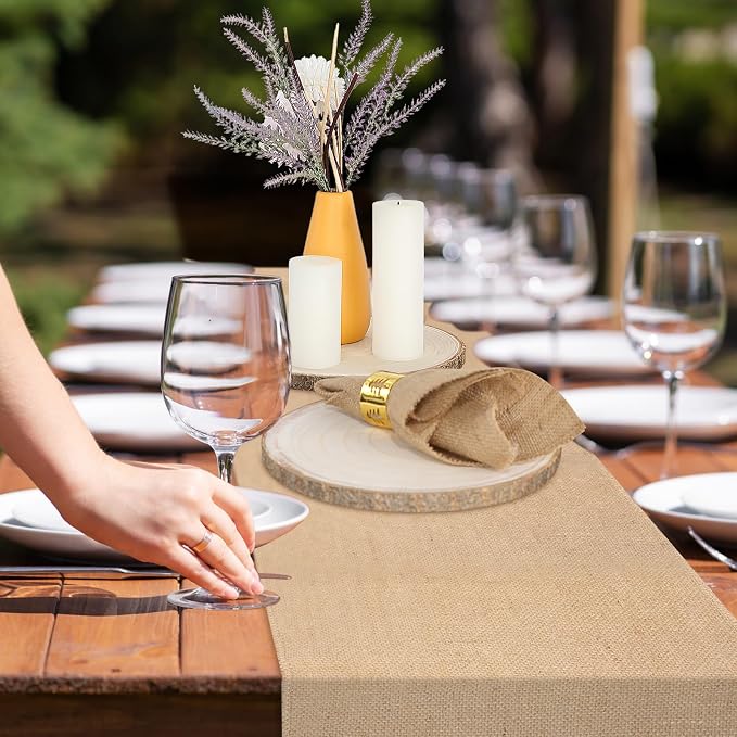 Tioncy Burlap Table Runner Kit Rustic Farmhouse Party, Natural Burlap Table Runner and Wood Centerpieces for Wedding,Christmas, Baby Shower,Birthday, Kitchen Coffee(100ft,12 Pcs)