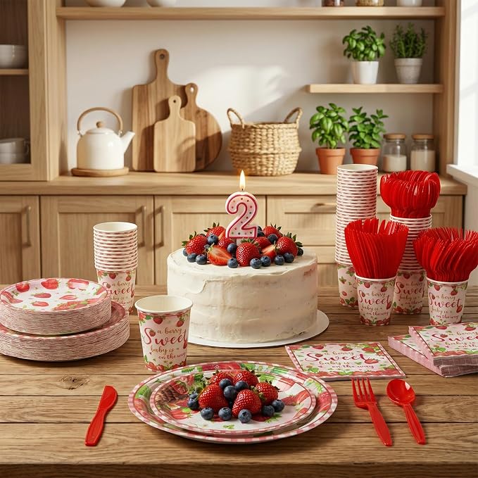 Ziliny 350 Pcs Sweet Baby Shower Party Supplies a Berry Sweet Baby Is on the Way Tableware Set Strawberry Disposable Plates Napkins Paper Cup Plastic Cutlery Serves 50