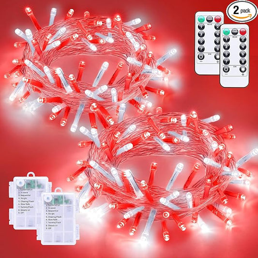 YEGUO Battery Operated String Lights, 2 Pack Each 33ft 100 LED Twinkle Fairy Lights Outdoor Waterproof, 8 Modes Clear Wire Red and White Christmas Lights Indoor with Remote