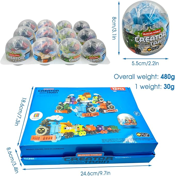 Mini Building Block Sets, 12PCS Vehicle Train Toys Building Blocks, 6 in 1 STEM Toys Eggs Building Sets, Party Favors for Kids Goodie Bags Prizes/Birthday Gifts