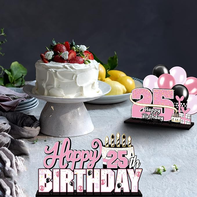 LINGTEER Happy 25th Birthday Pink Acrylic Table Topper Centerpieces Set - Cheers to 25 Years Old Birthday 25th Bday Party Gift Decorations.