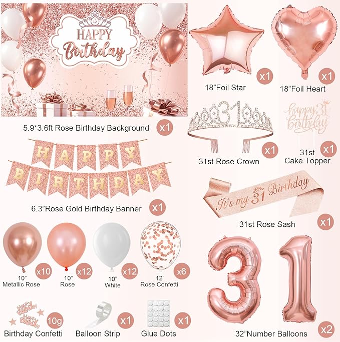 31st Birthday Decorations for Women, 52pcs Sweet Rose Gold Happy 31 Birthday Decorations Including 31st Rose Gold Crown, Sash, Banner, Background for 31 Party Decorations Set
