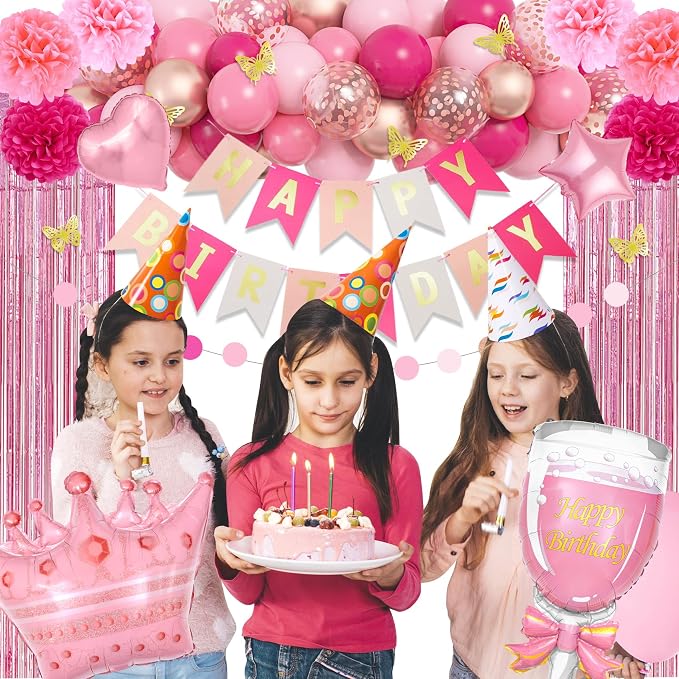Pink Birthday Party Decorations for Women Girls, Foil Confetti Rose Gold Hot Pink Balloons Happy Birthday Banner Fringe Curtains Butterfly Decor Circle Dots Tassels Pompoms Mothers Day Party Supplies