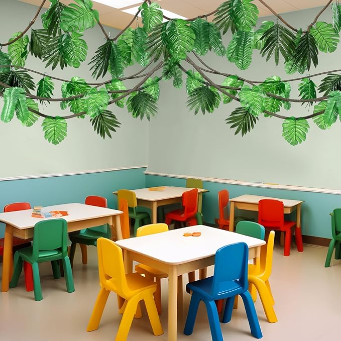 Preboun 60ft Jungle Theme Party Decorations Tropical Rainforest Leaves Safari Artificial Rattan Decoration with 100 Pcs Fake Tropical Palm Leaves for Indoor Outdoor Forest Garden Party Decor