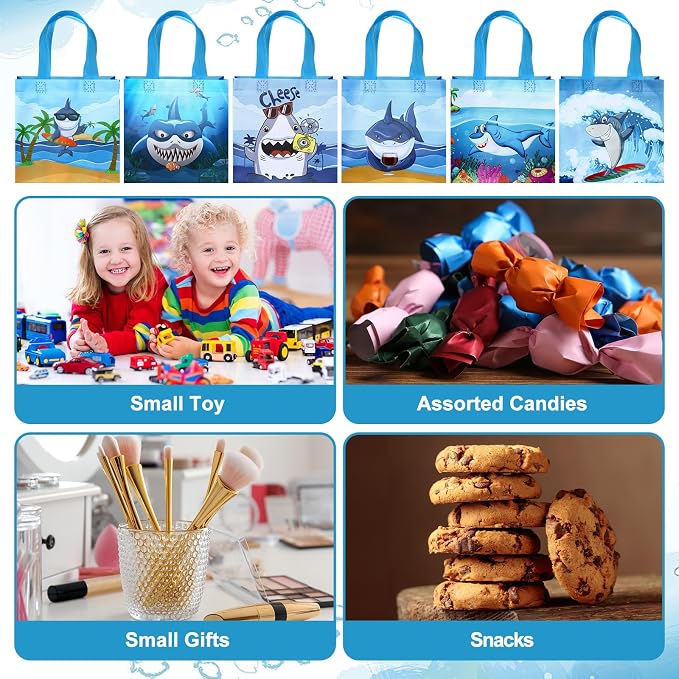 Sweetude 40 Pcs Shark Gift Party Favor Bags with Handle, Non Woven Goodie Bags Birthday Favor for Birthday Baby Shower Packaging Supplies