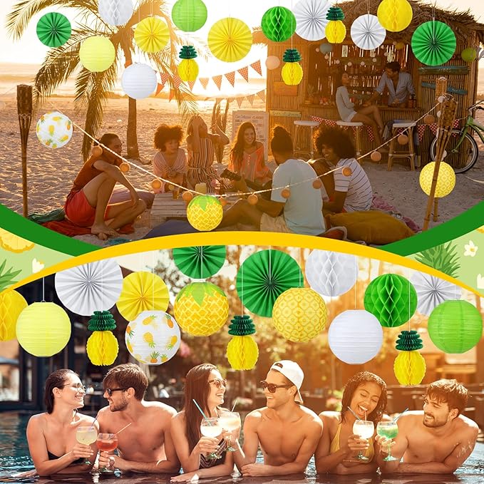 Retisee 18 Pcs Pineapple Party Decoration Yellow Pineapple Hanging Paper Lantern Honeycomb Fans Summer Fruit Honeycomb Ball for Summer Fruit Pineapples Theme Party Ceiling Decor Supplies
