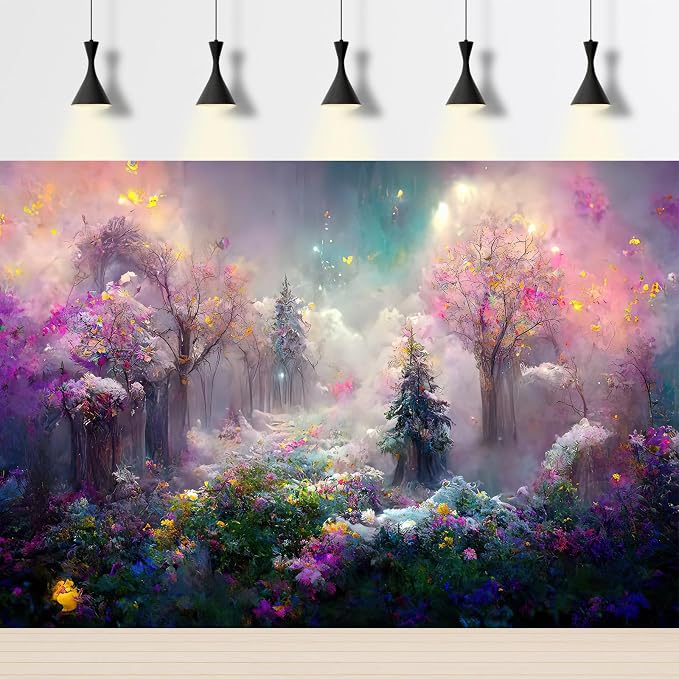 Magical Forest Backdrop Trees with Colorful Fog and Lights Photography Background Fairy Wonderland Mysterious Fantasy Forest with Lush Clouds Backdrop Decors Artist Portrait Background 12x8ft