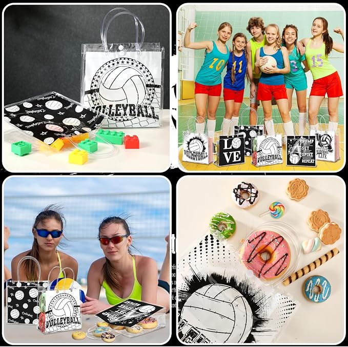 Teenyyou 24 Pcs Volleyball Clear Gift Bags with Handles Volleyball Goodie Bags Sport Theme Party Favor for Team Snack Birthday Gifts