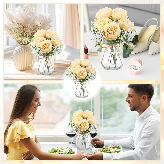 Zeyune 6 Sets Mason Jar Centerpiece Table Decorations, Artificial Peony Baby's Breath Flower Bouquets, Faux Flowers with Vase, Rustic Decor Gifts for Home, Wedding, Holiday (Champagne)