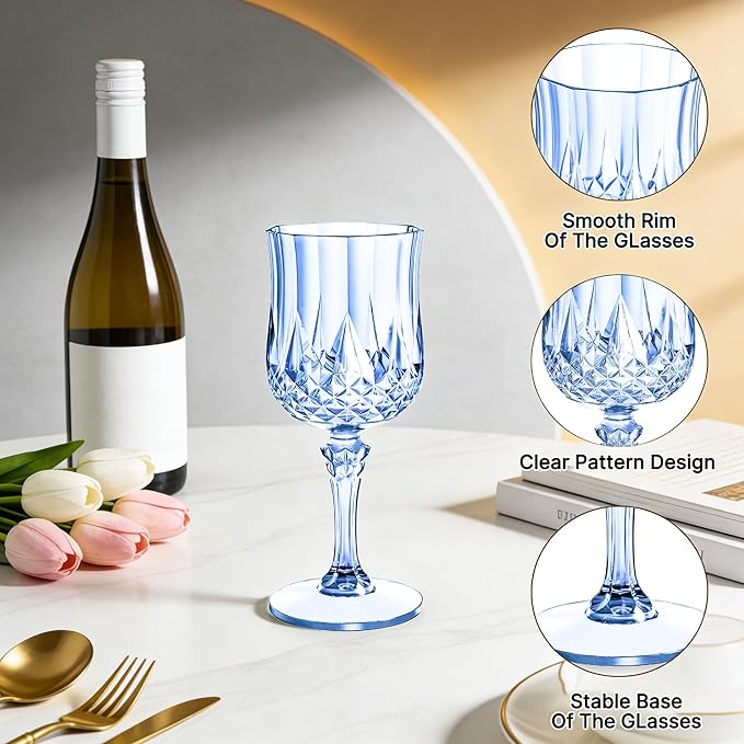 24PCS 7oz Plastic Wine Glasses Drinking Unbreakable Glassware Goblets Cups Blue Water Reusable Vintage Champagne Flutes for Valentine’s Day, Parties, Wedding (24, Blue)