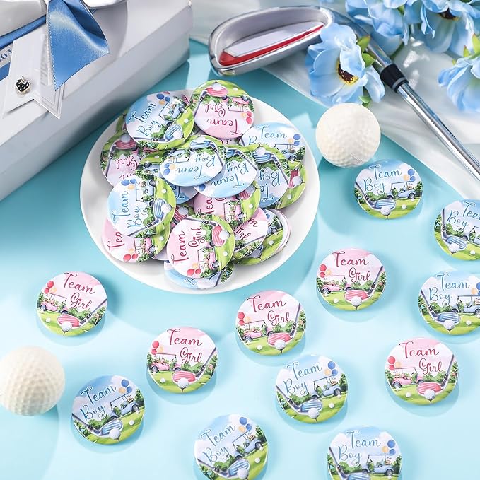 Landical 60 Pcs Golf Gender Reveal Pins, Funny Baby Shower Team Gender Reveal Decorations for Party Supplies Blue and Pink Team Button Pins Games Decorations