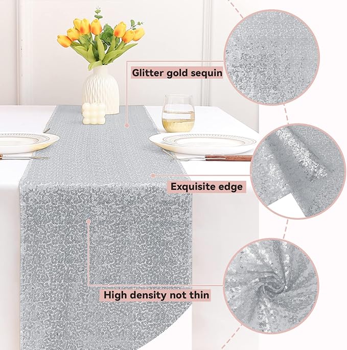 Sugargirl 10 Packs 12 x 72 inches Sequin Table Runner, Glitter Silver Table Runner for Birthday Party Supplies Wedding Holiday Celebration Event Decorations