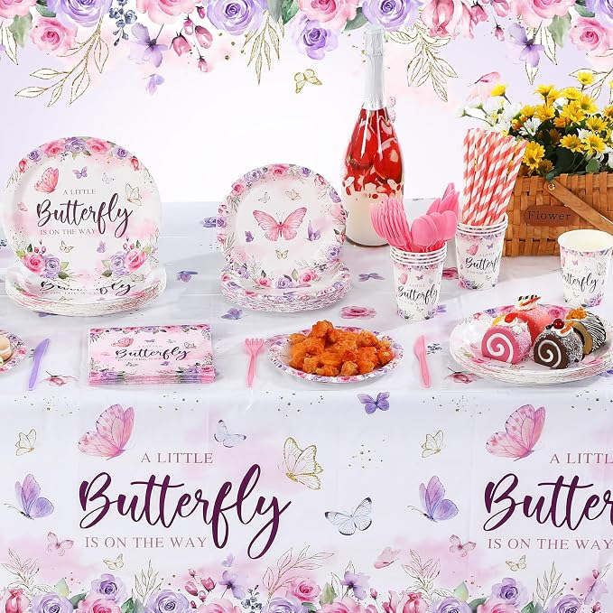 Funnymoom 452 Pcs Butterfly Baby Shower Party Supplies Set a Little Butterfly Is on the Way Party Decorations Include Butterfly Paper Plates Napkins Cups Tablecloth Cutlery Straws for ladies Spring