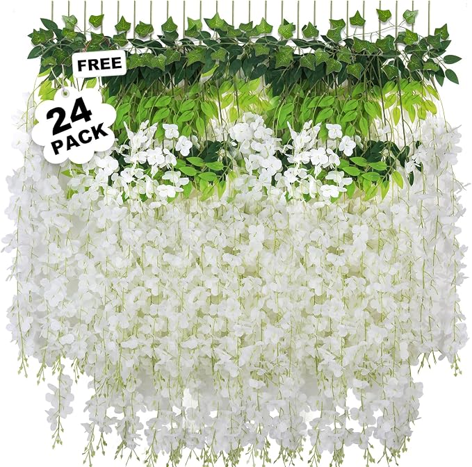 LELEE 25 Pcs Artificial Wisteria Hanging Flowers 3.6ft White Fake Hanging Flowers Garland Silk Flowers Rattan String Faux Wisteria Vine for Wall Home Wedding Party Arch Greenery Backdrop Decor