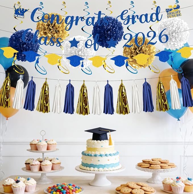 Rakuto Navy Blue and Gold Graduation Decorations 2026, 32PCS Congrats Grad Class of 2026 Glitter Banners and Hanging Swirls, Congratulations Grad Tassel Garland and Paper Pom Poms Party Decor