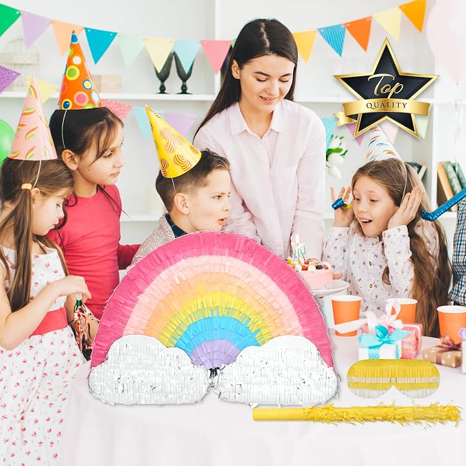Rainbow Pinatas Bundle with a Blindfold and Bat (16.5x8.5x3.5 Inches), Rainbow Pinatas for Girls Birthday Parties Girl, Perfect for Unicorn Party, Theme Party, Decoration