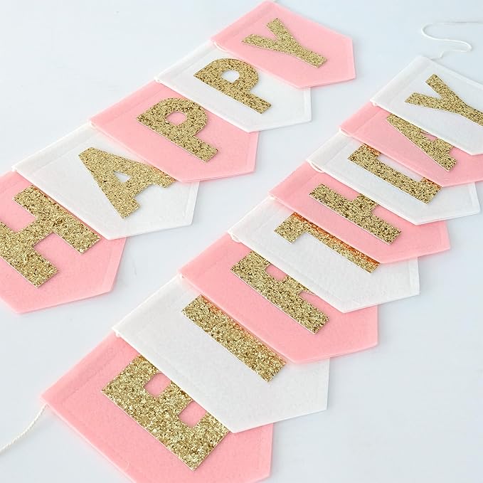 Felt Pink Gold White Happy Birthday Banner Birthday Decorations for Women Girls Boys Men Pets Handmade Party Backdrop