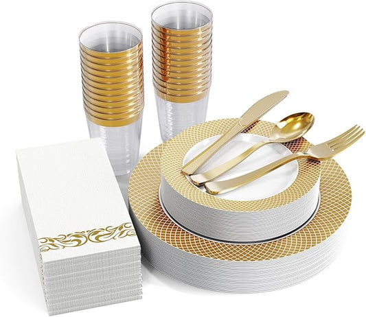 FOCUSLINE 175 Count Gold Dinnerware Set for 25 Guests - Disposable Plastic Plates with Gold Grid, Includes 25 Dinner & Salad Plates, Cups, Napkins, Cutlery Set for Wedding Parties
