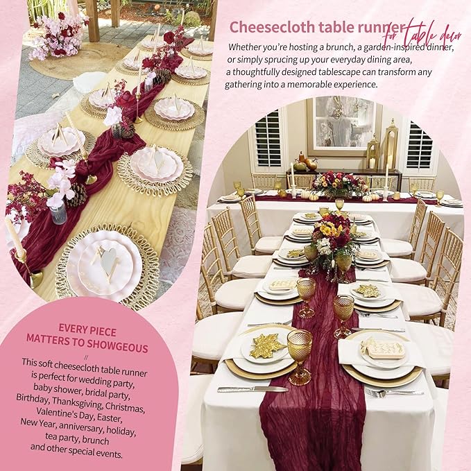 30 Pack Cheesecloth Table Runner 10FT Burgundy Red Table Runner Boho Gauze Cheese Cloth Table Runners Long Rustic Sheer Table Decorations for Wedding Party Baby Bridal Shower Birthday Holiday Home