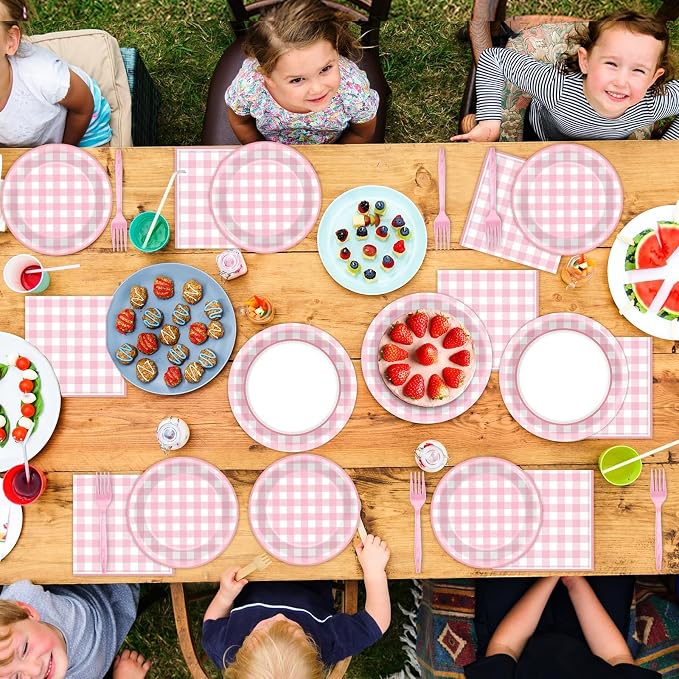 200 PCS Pink Checkered Tableware Disposable Pink And White Checkered Party Supplies Dinnerware Set Plaid Plates Outdoor Supplies Girls Barbecue Picnic Birthday Party Decoration Serve 50 guest