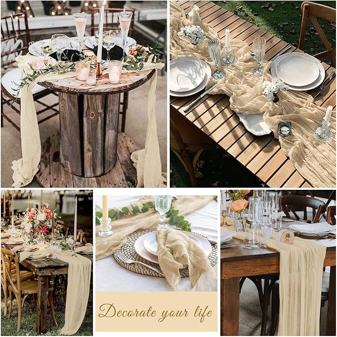 10 Pack Cheesecloth Table Runner 17 x 108 inch Long Boho Gauze Table Runners Semi Sheer Table Runner for Wedding Decor, Baby Shower, Birthday Party, Banquet (Beige)