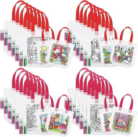 24 Pcs Double-sided Coloring Goodie Bags with 144 Paint Pens, Color Your Own Valentine DIY Candy Bags, Non Woven Coloring Treat Bag, Reusable Party Favor Gift Exchange Bag