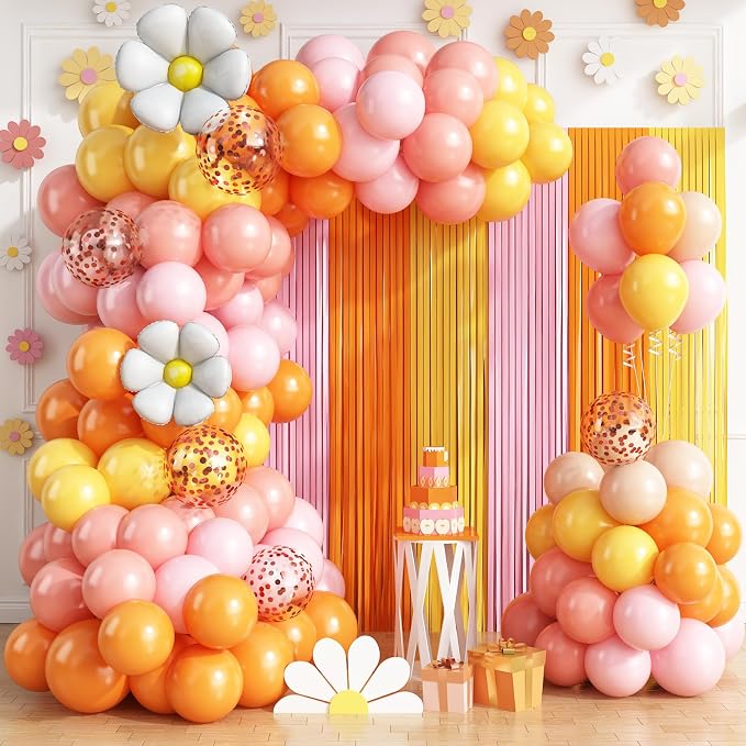Groovy Daisy Balloon Arch Garland Kit Birthday Party Decorations, Pink Orange Yellow Foil Fringe Backdrop Tinsel Streamer for Hippie Boho Groovy One Two Flower Party Decor Supplies