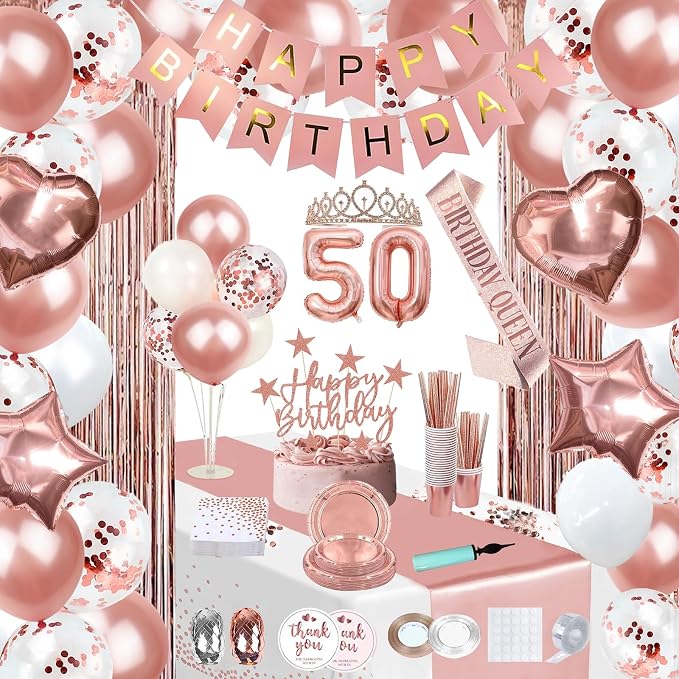 255 Pcs Rose Gold 50th Birthday Decorations for Women – Party Decoration Supplies Kit with “Happy Birthday” Banner, Balloons, Crown, Sash, Cake Topper, Tableware & Fringe Curtain for 25 Guests
