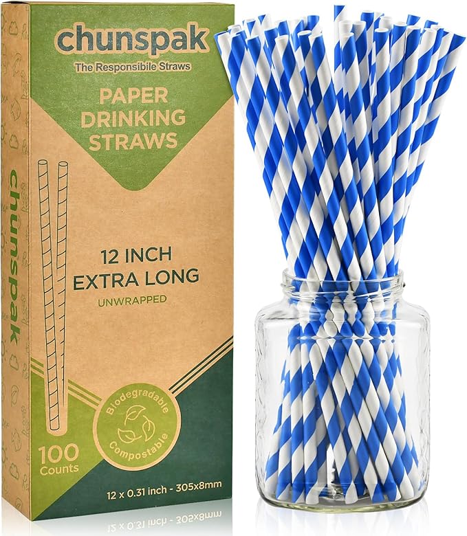 12 Inch Disposable Paper Drinking Straws Large and Tall, 8mm Wide - for Long Drinks, Smoothies, Milkshakes - Blue, 100 Counts - Eco-friendly