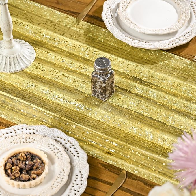 Artoid Mode 10PCS Light Yellow Gold Gauze Table Runner 120 Inch 10FT, Glitter Metallic Foil Sheer Dining Wedding Anniversary Holiday Birthday Table Decor for Home Party