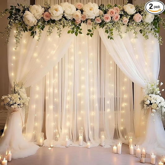 20x8ft White Tulle Backdrop Curtain with Lights String for Parites, Sheer Photo Backdrop Drapes with Lights for Wedding Ceremony Reception Bridal Shower Baby Shower Birthday Party