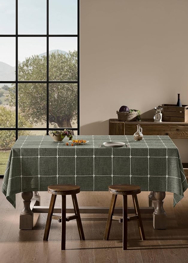ZeeMart Grid Embroidered Hemmed Tablecloths, Olive 60x104 Inch, Farmhouse Style Heavy Weight Cotton Linen Olive Green Tablecloths, Boho Plaid Water Resistant Rectangle Table Cloth