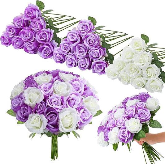 80 Pcs Roses Artificial Flowers, Silk White & Purple & Light Purple Artificial Flowers Petals Long Stem Roses for St Patricks Day Home Party Decor