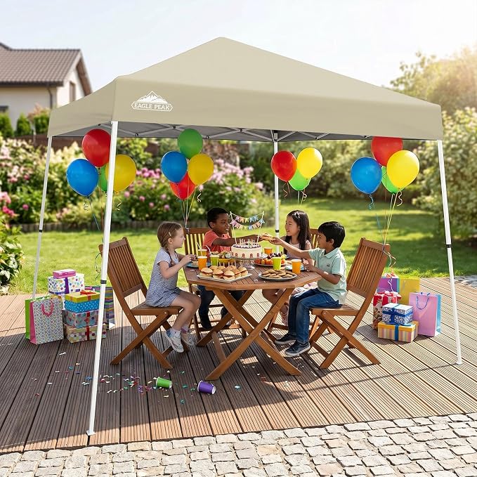 EAGLE PEAK 10x10 Slant Leg Pop-up Canopy Tent Easy One Person Setup Instant Outdoor Beach Canopy Folding Portable Sports Shelter 10x10 Base 8x8 Top (Light Beige)