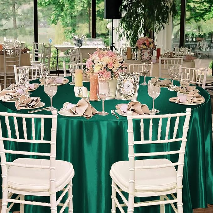 12 Pack 108 Inch Round Tablecloth, Hunter Green Satin Fabric Table Cloth for Round Tables, Wrinkle Resistant Washable TableCover Bright Silk Table Clothes for Wedding Party Dining Tables Banquet