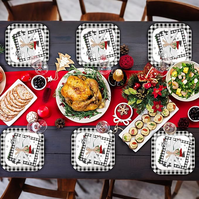 Ziliny 350 Pcs Christmas Party Supplies Christmas Tree Hanging Ball Party Tableware Set Square Paper Plates Disposable Napkins Cups Plastic Cutlery for Xmas Holiday Serves 50 Guests (Xmas Plaid Tree)