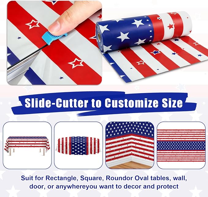 54IN X 160FT Patriotic Tablecloth for 4th of July Independence Day Decorations,Tablecloth Roll with Cutting Box,Memorial Day Decorations, Veterans Day Supplies