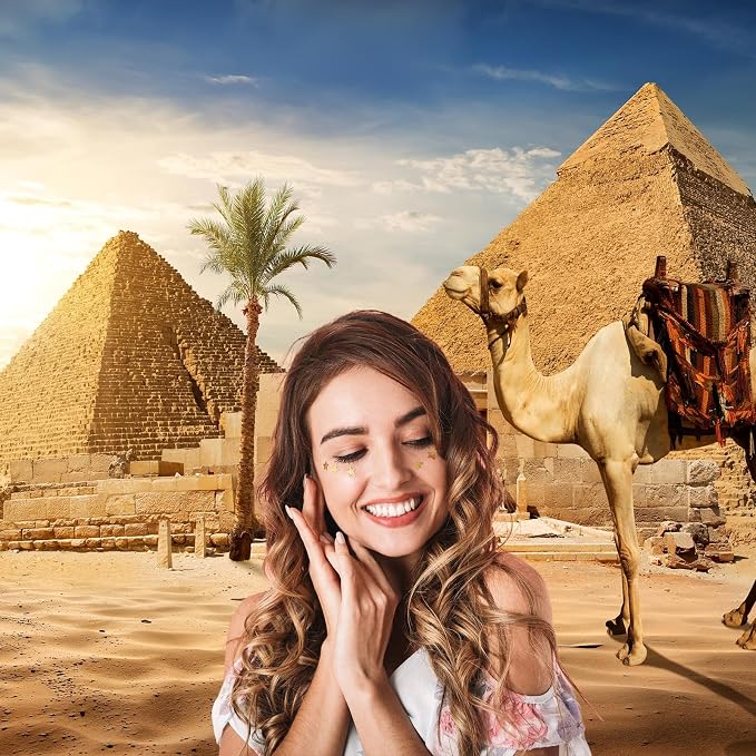 Egypt Pyramids Backdrop Ancient Egyptian Pyramid Camel Photography Background Giza Desert Scene Coconut Tree Sunset Sky Scenery Backdrops Egypt Party Supplies Studio Photo Shoot Props 5x4ft