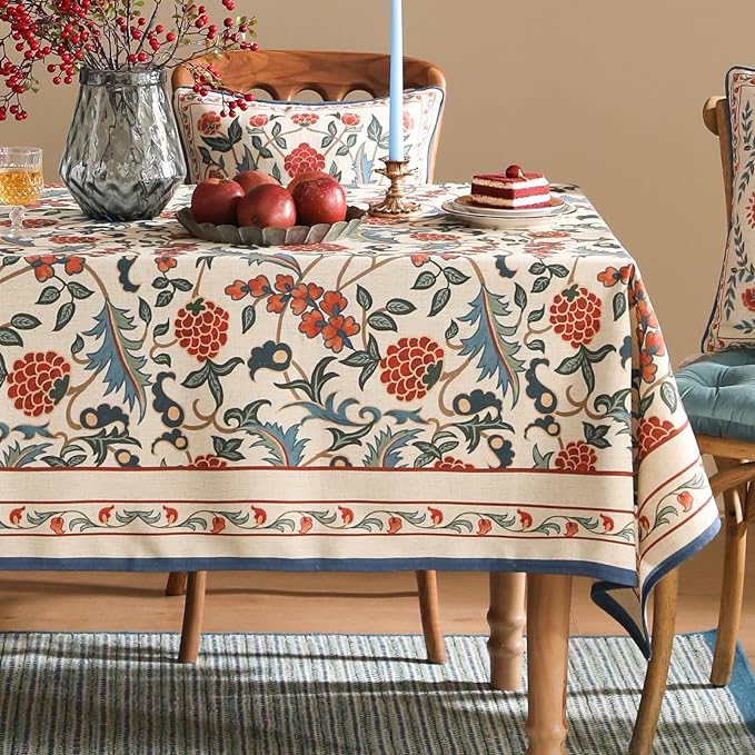 patdrea Elegant French Linen Tablecloth,Rectangular,94"x63"-Puno | Luxurious Large Table Cloth for Rectangle Table,Vintage Colorful Floral Design,Dining Room Kitchen Tea Party Decorations