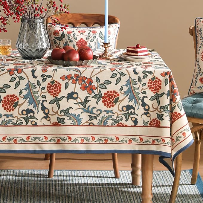 patdrea Elegant French Linen Tablecloth,Rectangular,79"x55"-Puno | Luxurious Table Cloth for Rectangle Table,Vintage Colorful Floral Design,Dining Room Kitchen Tea Party Decorations