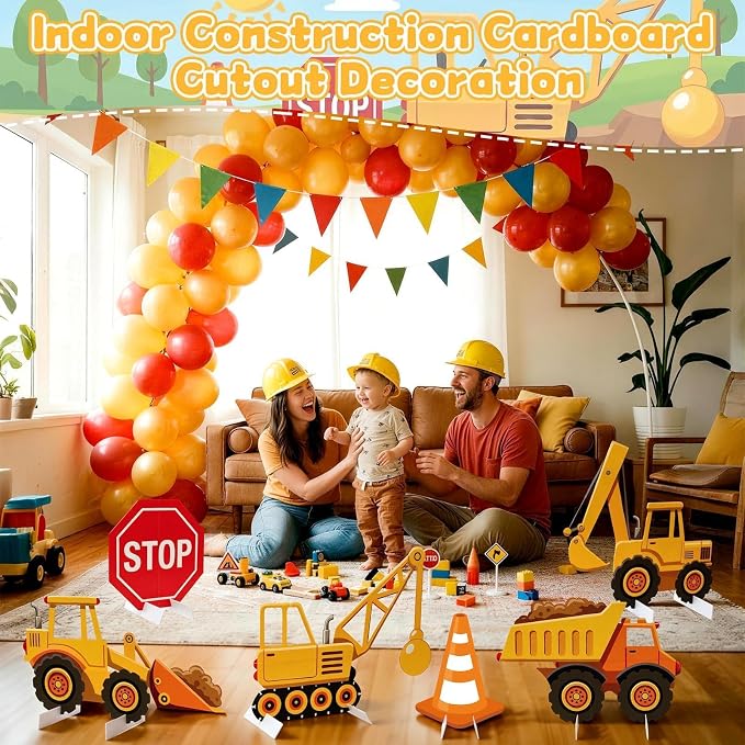 6 Pcs Large Construction Party Decorations, Truck Themed Cardboard Cutouts Standup, Excavator Traffic Cone Stop Yard Sign for Construction Birthday Baby Shower Indoor Outdoor Photo Prop